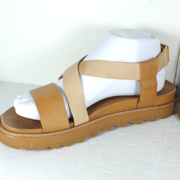 Sorel Women's Grooming US8,5 Tan Leather Criss Cross Platform Slingback Sandals - Picture 6 of 16